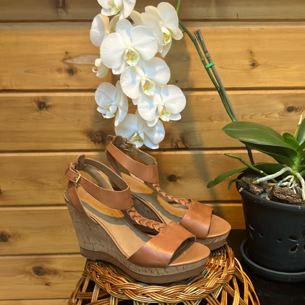 Franco Sarto Leather and Cork Platform Tan Wedge Sandals